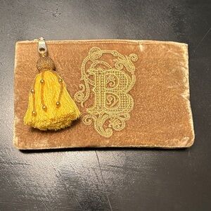 Olive Green Velvet Clutch with Gold Tassel and Embroidered B